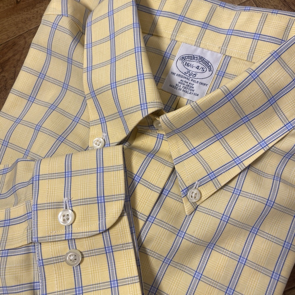 Brooks Brothers 346 16 1/2 - 4/5 Button Down Long Sleeve Yellow Blue Checkered